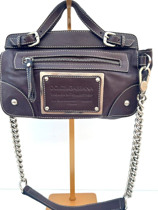 Dolce & Gabbana Handbags - Authentic DOLCE & GABBANA Y2K Plaque Chain Shoulder Bag Chocolate Leather Milan